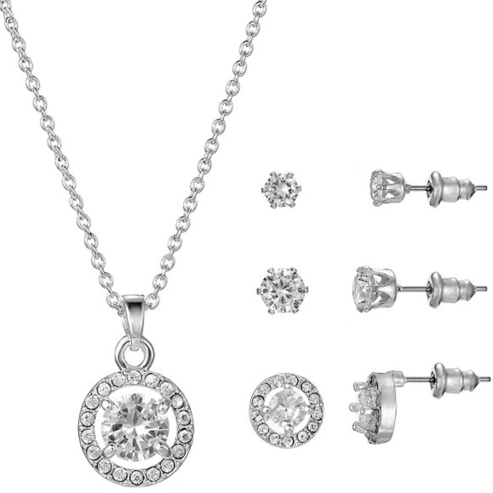 PRIMAVERA 4pc Round Halo Clear CZ Silver Plated Necklace & Stud Earrings Set